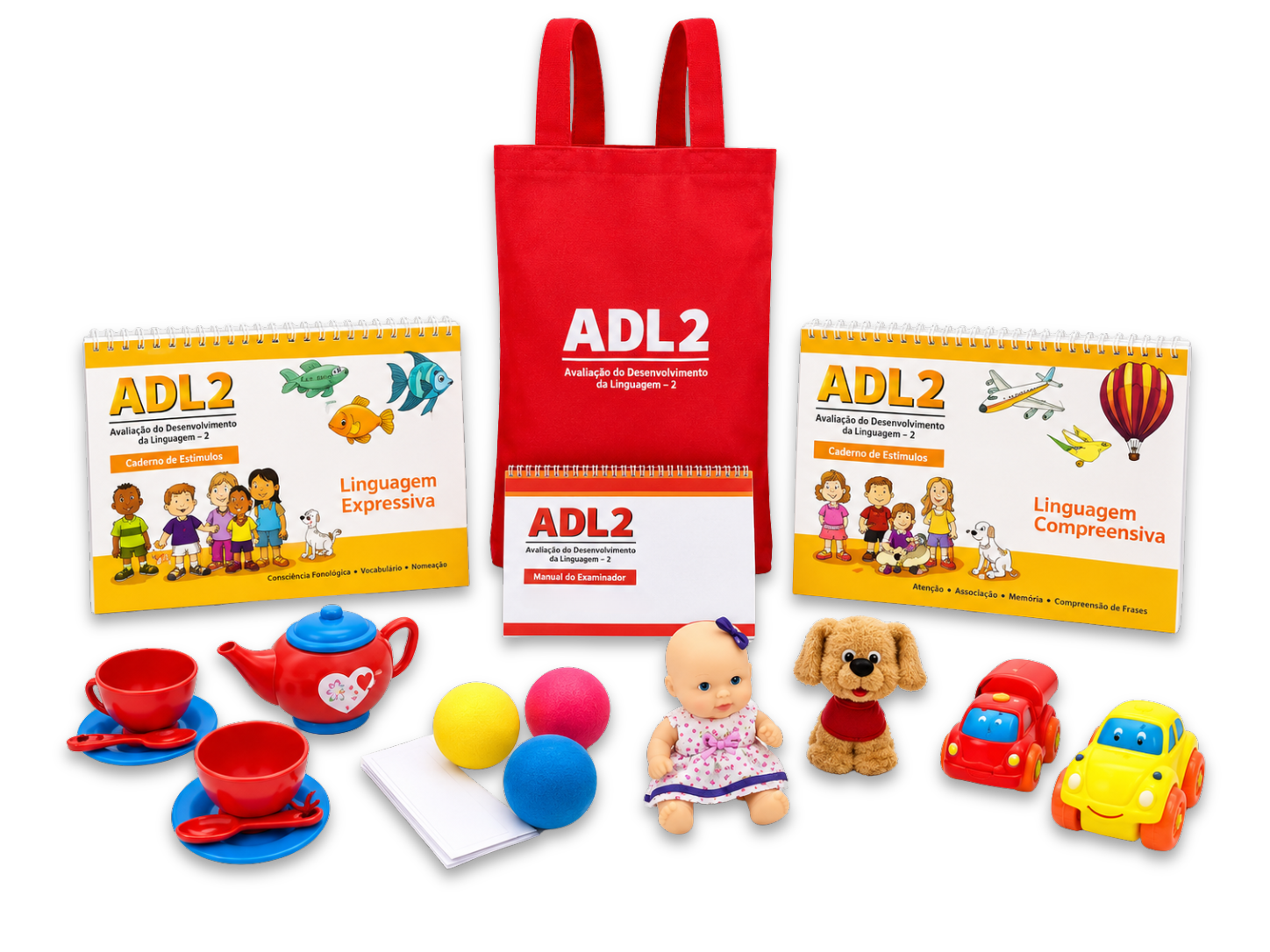 Todos os itens do Kit ADL2: cadernos de estímulos de linguagem expressiva e compreensiva, manual do examinador, sacola e brinquedos de aplicação