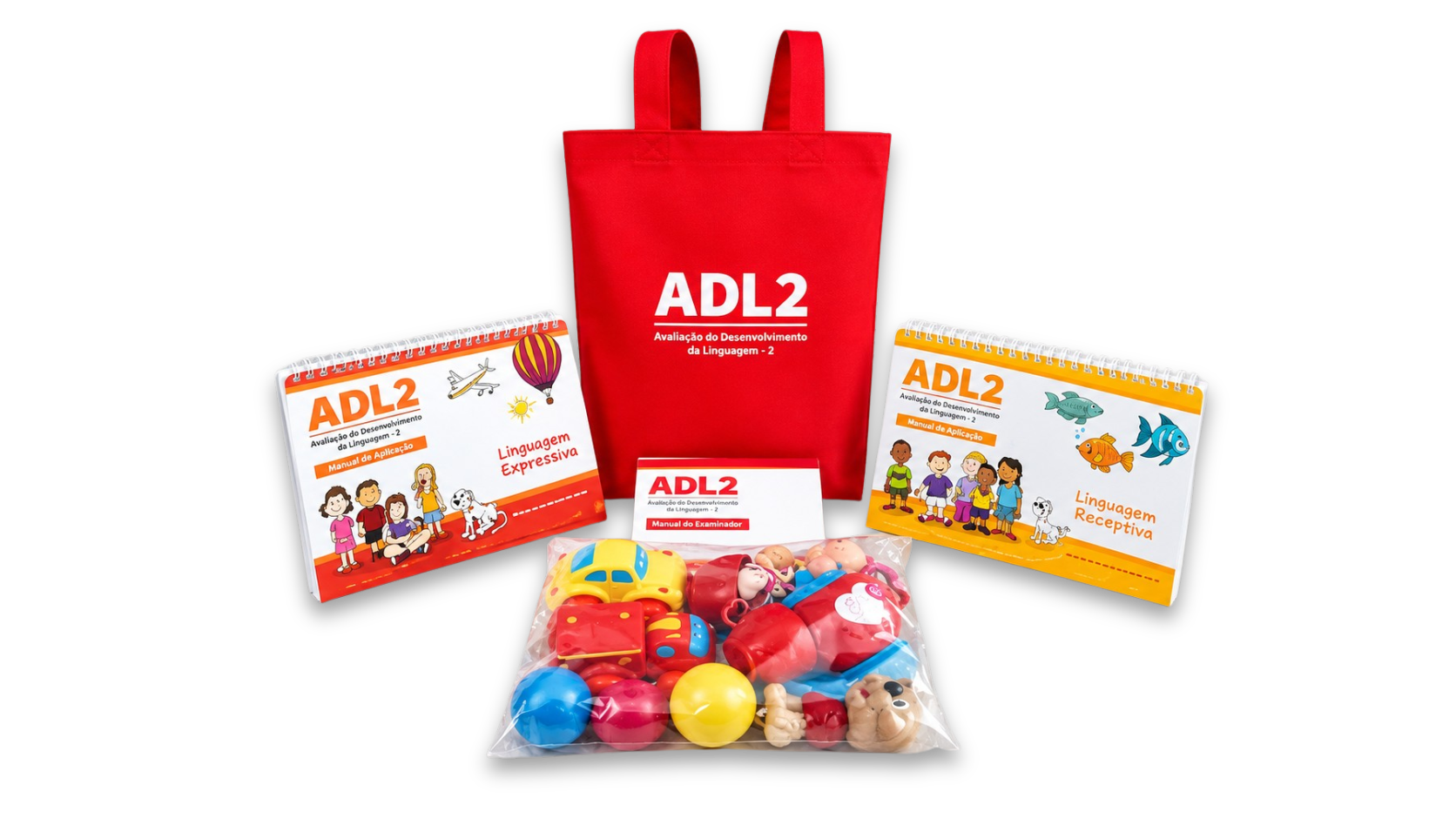 Kit ADL2 completo com sacola vermelha, manuais e brinquedos de estímulo